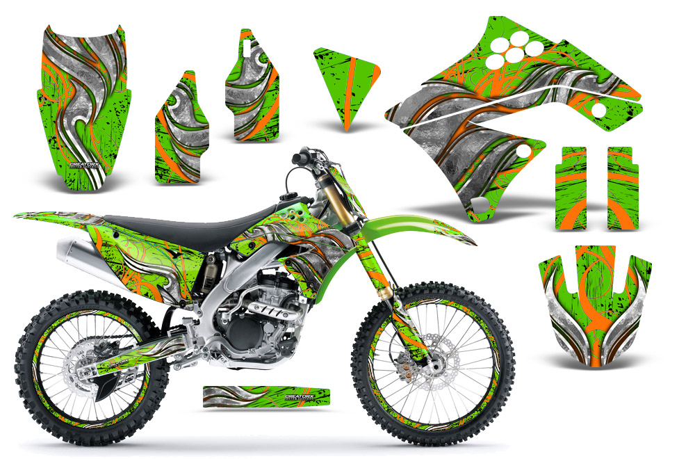 Kawasaki KX250F 09-12 Graphics Kit Fire Blade Orange Green NP Rims